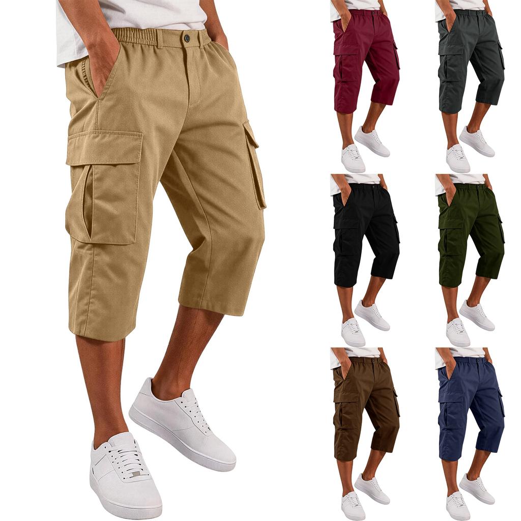 Heren Effen Kleur Knopen Elastische Taille Cargo Capri Broek met Zes Zakken Werkkleding Stijl Casual Pasvorm