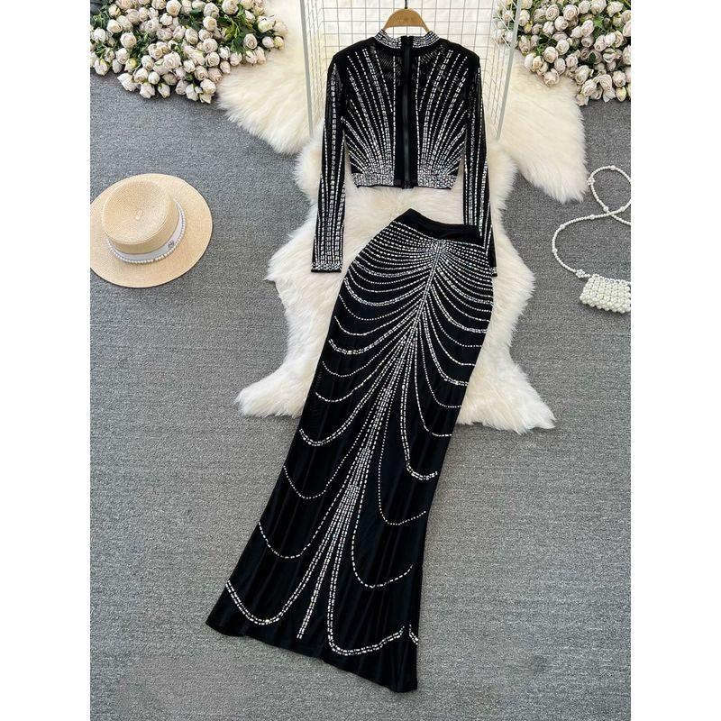 Diamond Stand-Collar Gauze Fishtail Skirt Fashion Suit
