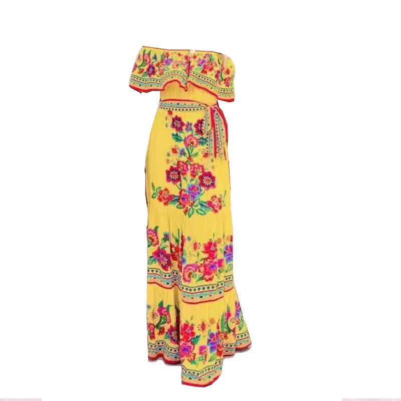 Bohemian Off-Shoulder Red Floral Long Dress - Women's Ethnic Vacation Style