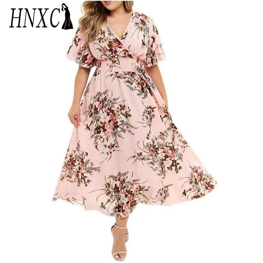 HNXC Plus Size Fashion Women Casual Floral Print V Neck Short Dress