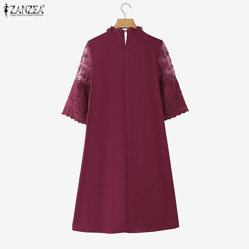 ZANZEA Women Round Neck 3/4 Sleeve Casual Elegant Lace Dress