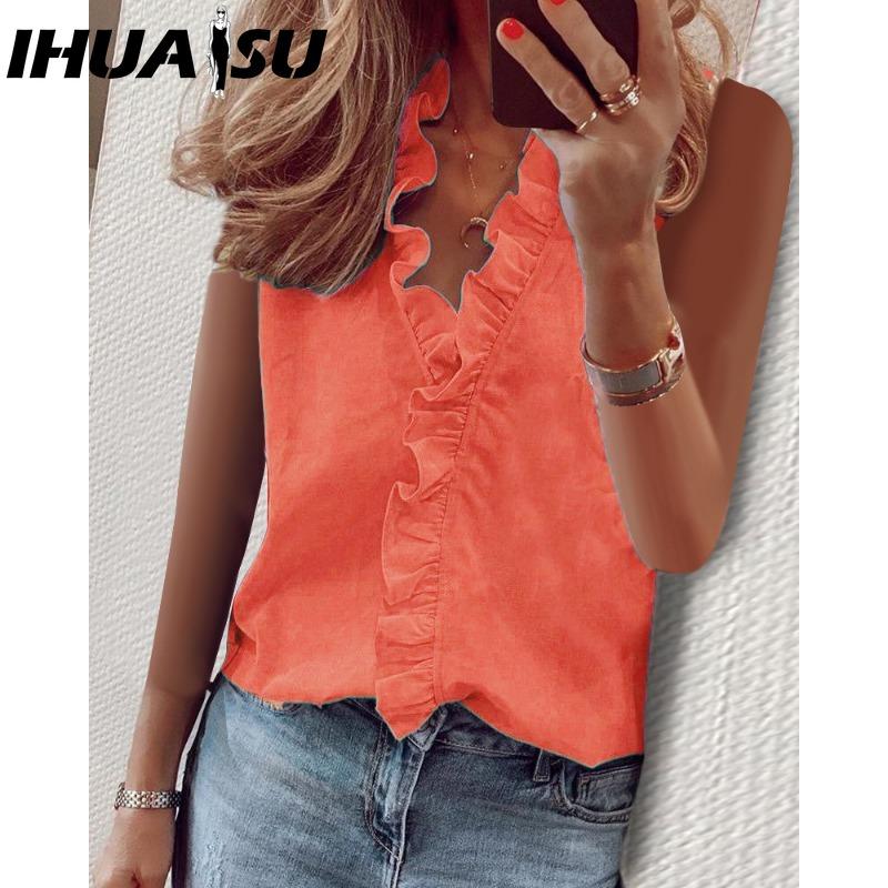 

IHUASU Женские модные повседневные однотонные блузки и рубашки без рукавов с v-образным вырезом и принтом XXXXXL оранжевый