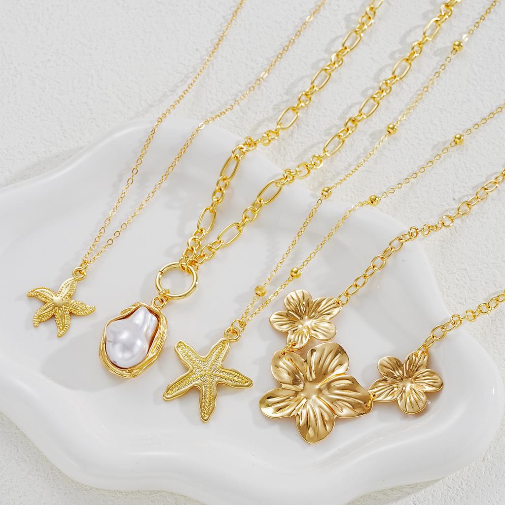 New Flower Starfish Imitation Pearl Pendant Necklaces for Women Fashion Gold Color Multilayer Necklaces Sets Party Jewelry Gifts