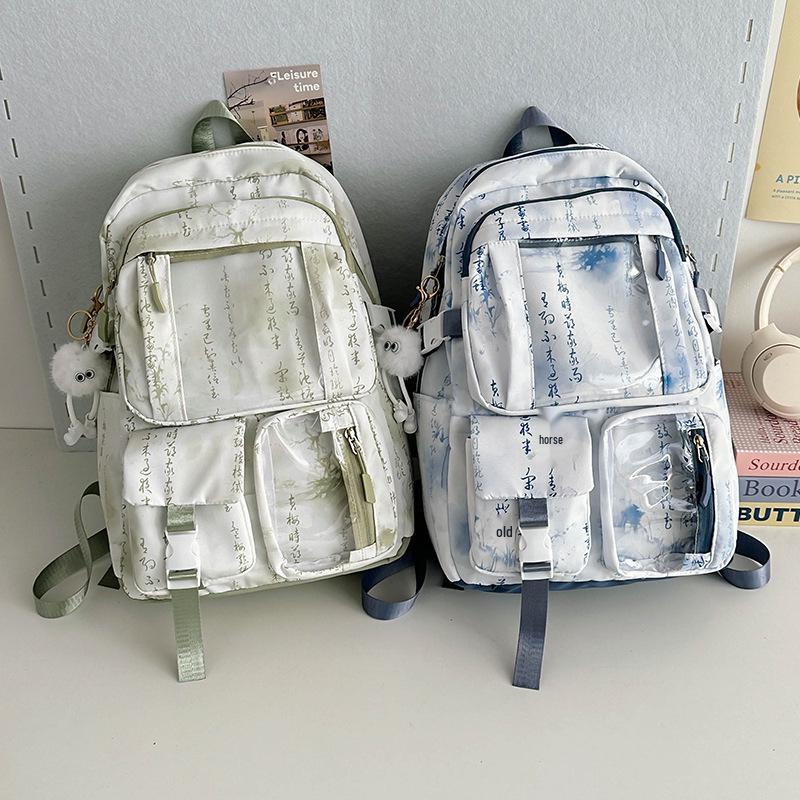 Middle School Chinese-Style Transparent Backpack with Multiple Pockets - Large Capacity, Waterproof, Wear-Resistant, Unisex, Light Luxury Design.