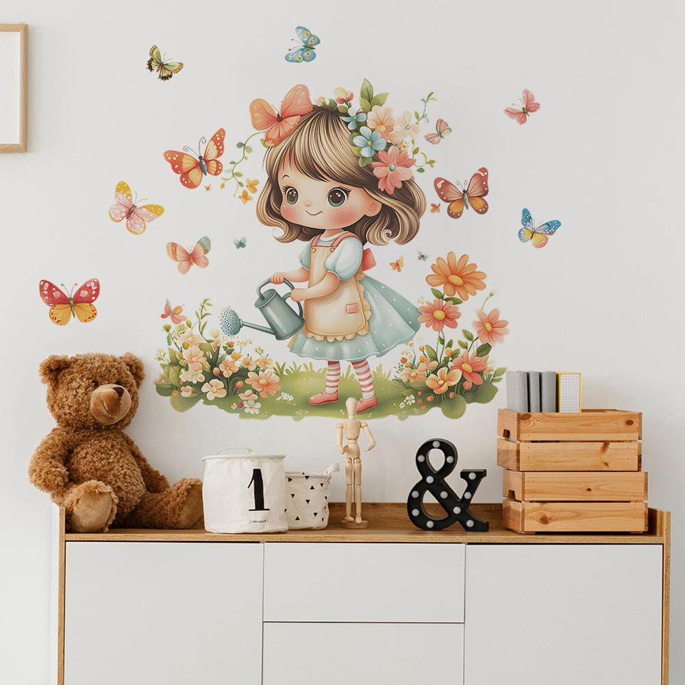 2 Pcs Cartoon Cute Little Girl Flowers Butterfly Bedroom Living Room Home Background Beautification Wall Stickers