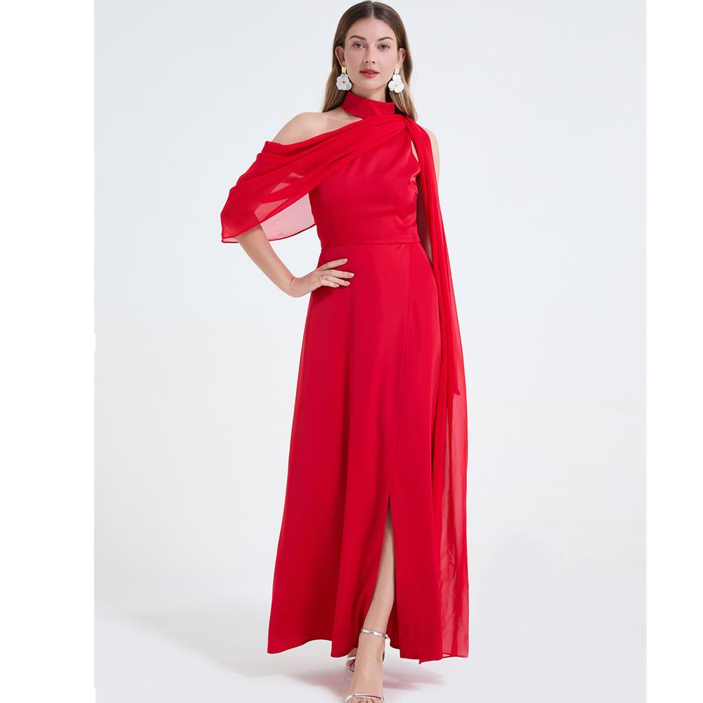 Sexy Off-the-Shoulder Patchwork Halter-Neck High-Waisted Slit Dress Women's Elegant and Flowing Slit Evening Gown Summer Dress