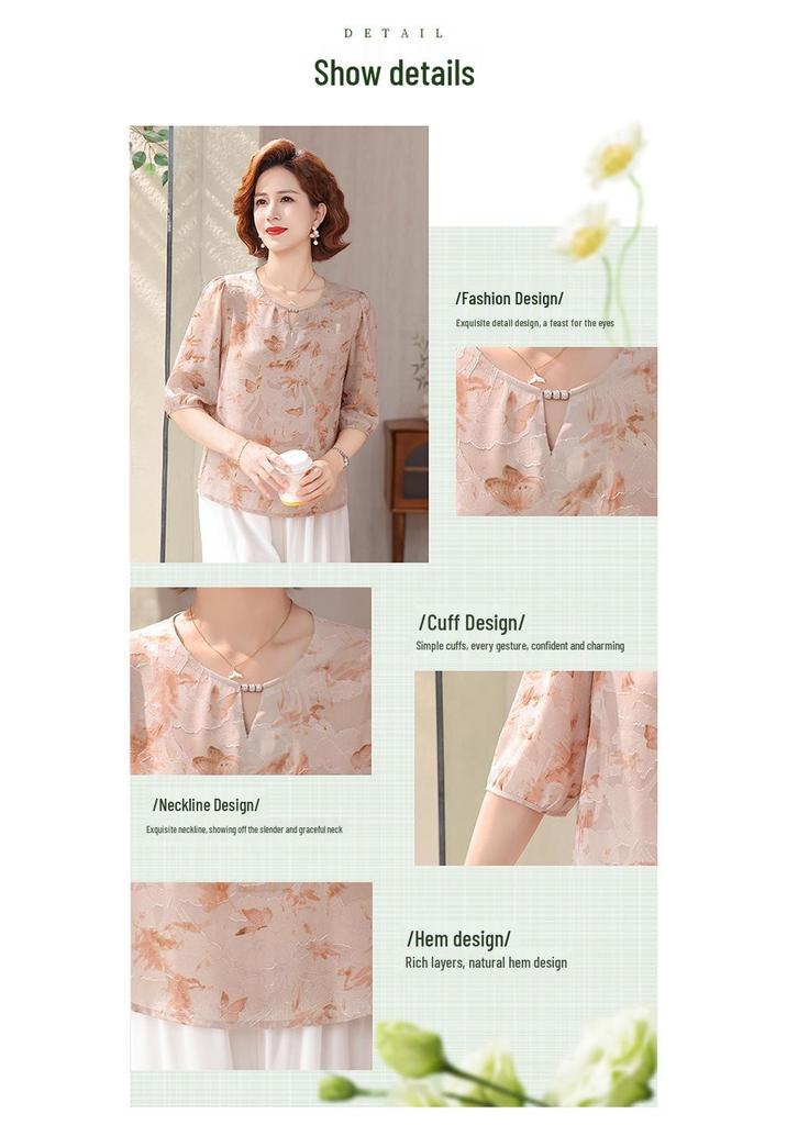 Chiffon Summer Top for Middle-Aged & Elderly Women: Short-Sleeved, Stylish & Loose-Fit Blouse
