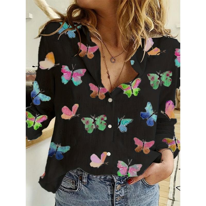 Fashion Retro Butterfly Group Print Long Sleeve Blouse Spring Spring Lapel Button Casual Blouse Ladies 5Xl Home Shirt