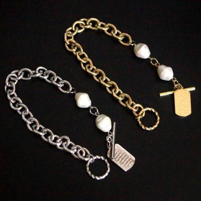 Surgical Steel Pearl Mix Toggle Bar Chain Bracelet (Silver/Gold) (S7255780)