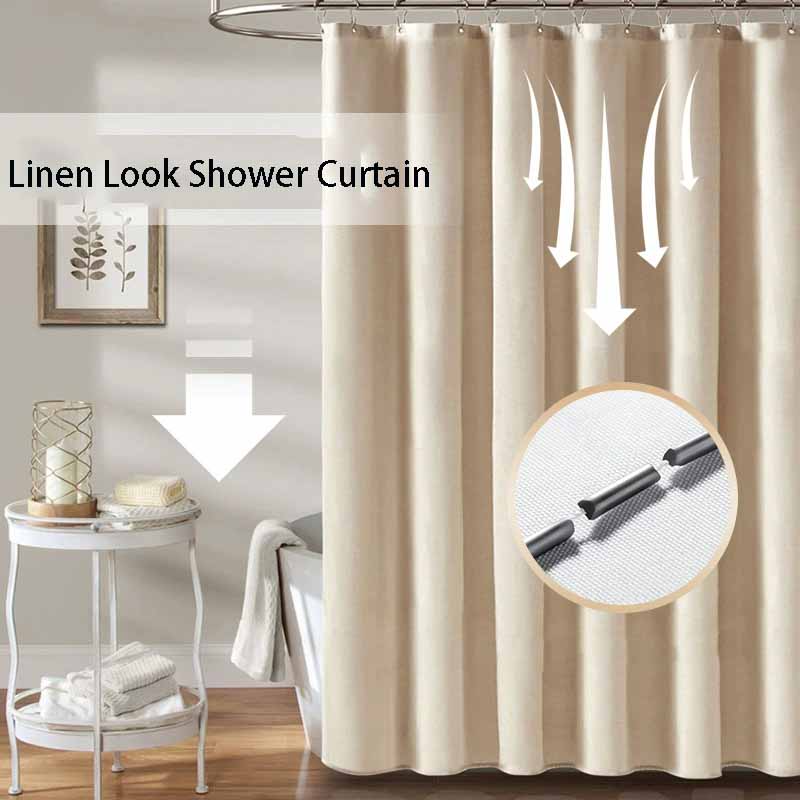 Linen Look Shower Curtain - Thick & Waterproof Bathroom Fabric with Plastic Hooks