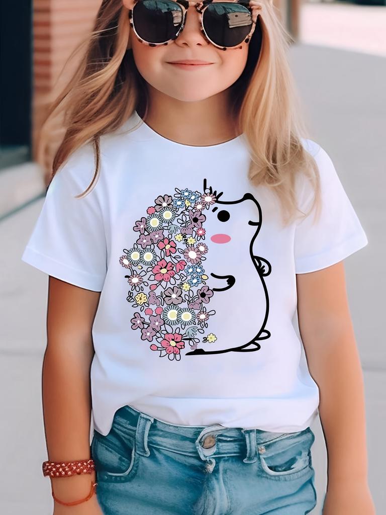 European sizes Summer Fashion Short Sleeve T-Shirt for Girls Featuring a Hedgehog Cartoon Design Filled with Flowers