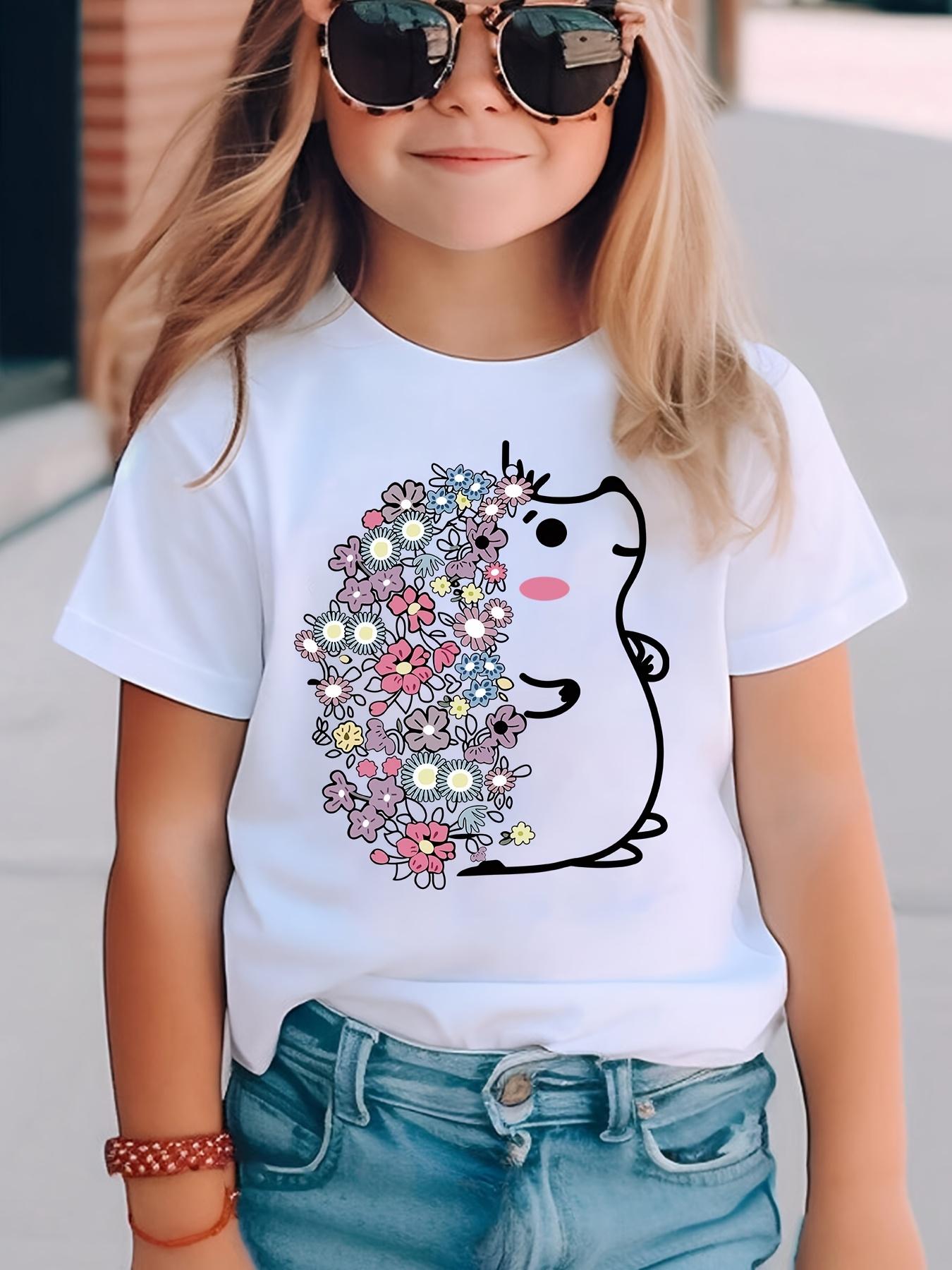 

Европейские размеры Летняя Модная Футболка с Коротким Рукавом для Девочек с Рисунком Ежика, Украшенным Цветами 98cm белый