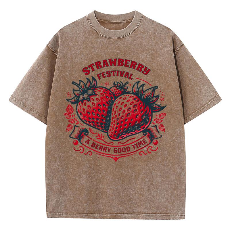 Strawberry Estival A Berry Good Time Prints Washed TShirt Women Cotton Tops Street Comfortable ONeck T Shirt Summer Clothes