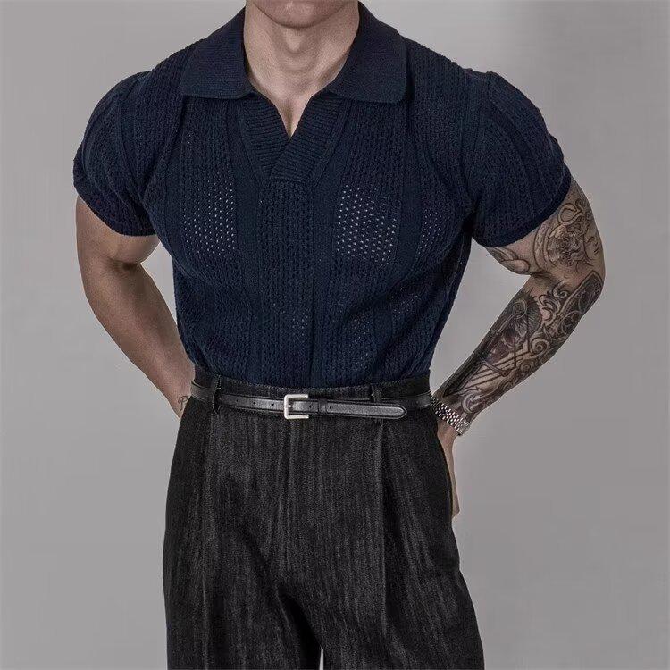 Men's Summer Knit Mesh Polo Shirt - Short Sleeve, Korean Style, Light Mature Design