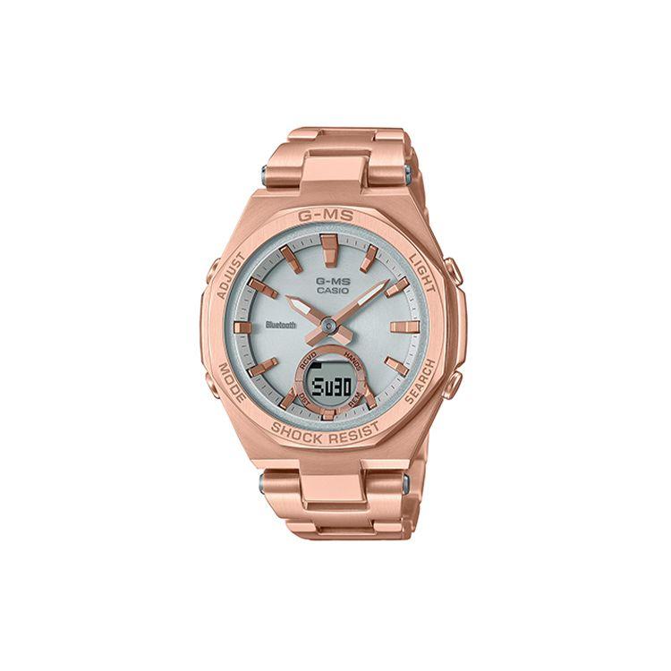 

Casio Baby-G Series Theme Series Bluetooth Connection Energy Saving Multifunction Waterproof Solar Quartz Movement Men Watches MSG-B100DG-4APR-PERSON Peach Gold Strap