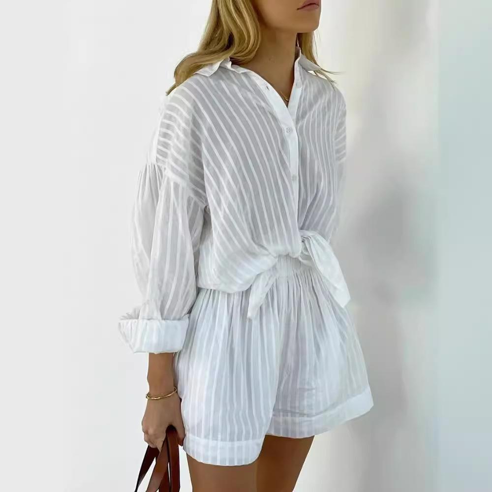 GMXIA Women's Cotton Shirt Suit Summer White Vertical Stripe Shirt Shorts Casual Suit