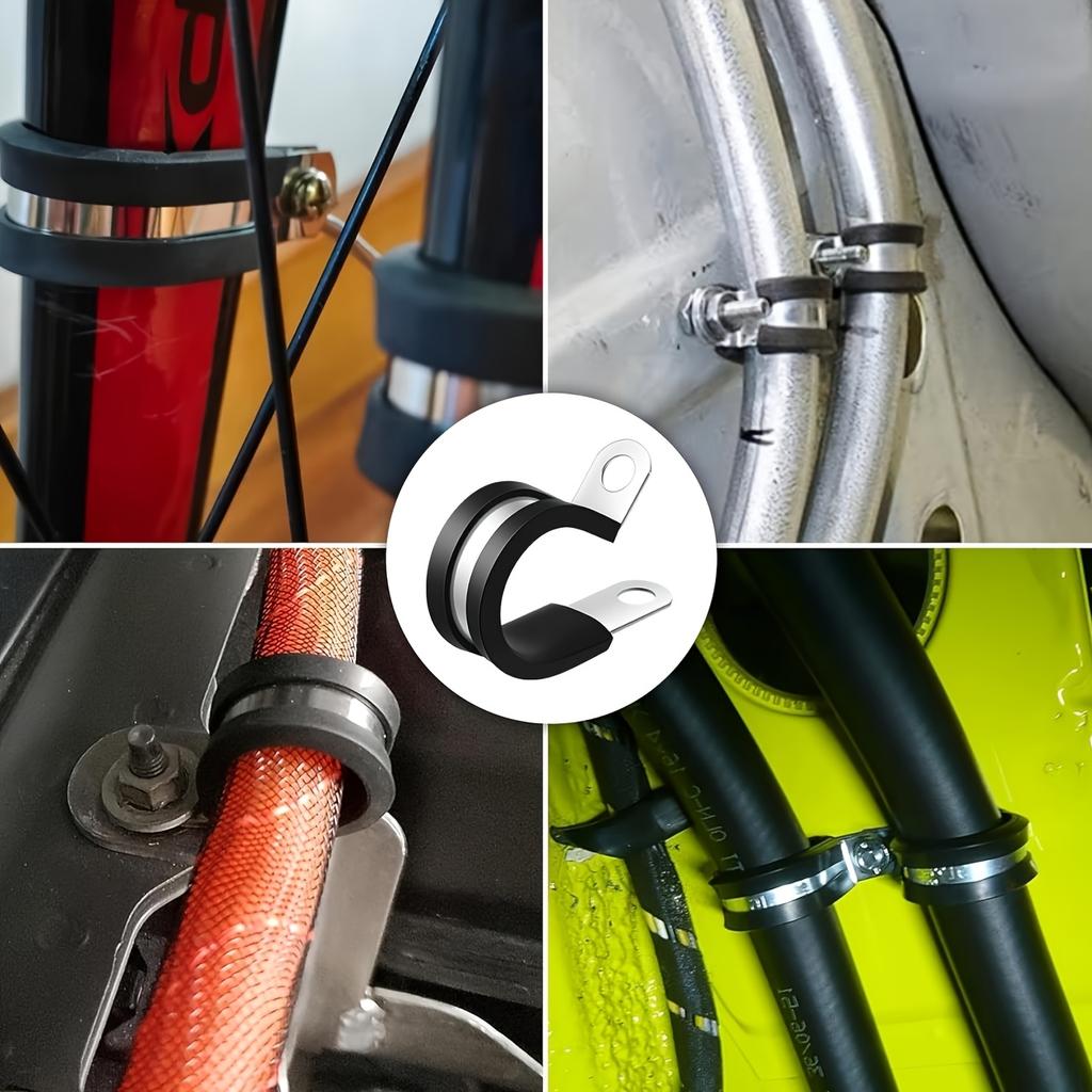 52pcs Durable Metal Cable Clamp Set, 6 Sizes, 30 Degree Elbow, Round Hose Fitting, Stainless Steel with Rubber Pad Tube Clamps for Secure Grip