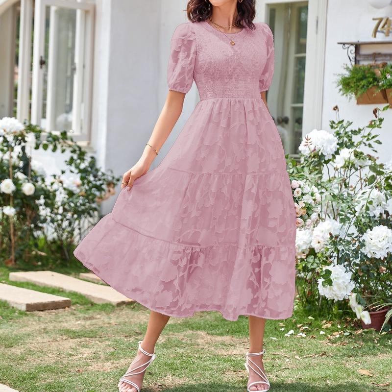YYFS Women's Fashion Summer Spring Solid Color Print Short Sleeve O-Neck High Waist Casual Dresses
