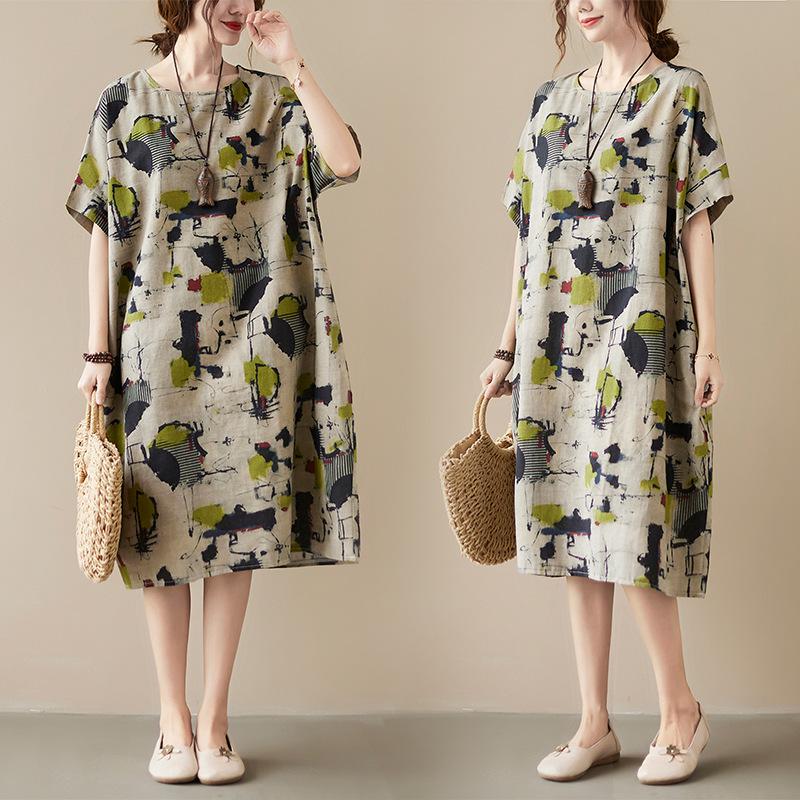 

Cotton and Linen Dress Summer Middle-aged Mother Loose Skirt Linen Summer Thin Plus Size Women s Clothing One size