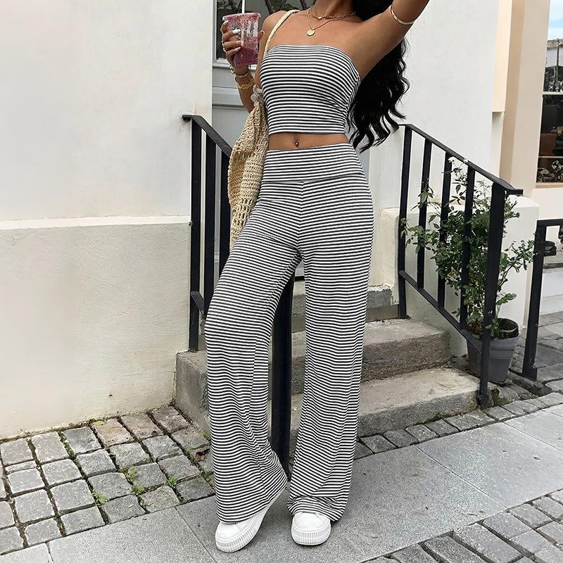 

TIFICY Women s Fashion Casual Summer Spring Stripe Print Sleeveless Trousers Pants Suits XS светло-серый