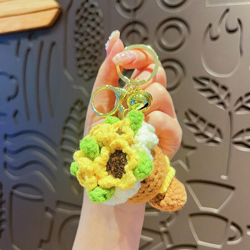 Finished Crochet Yarn Bouquet Keychain Accessories Knitted Rose Sunflower Mini Handheld Flower Doll Accessories Pendant