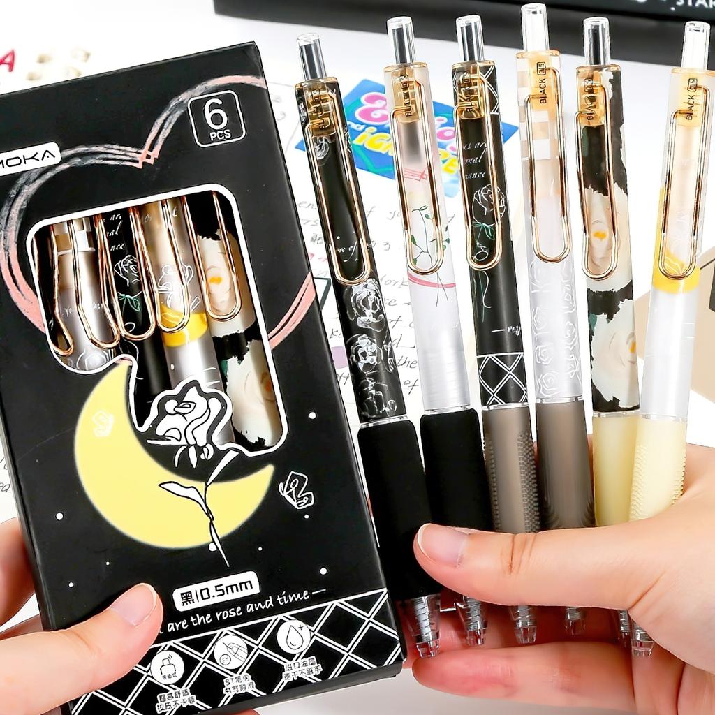 6pcs Rose And Time Gel Pens Set Forever Love Romantic 0.5mm Ballpoint Black Color Ink for Writing School A3090