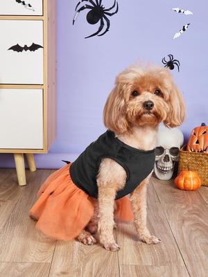 Halloween Pet Pumpkin Dress with Bat Accents, Black & Orange Tulle Clothes for Small Dogs, Pets Tulle Skirt Outfit Festive Party