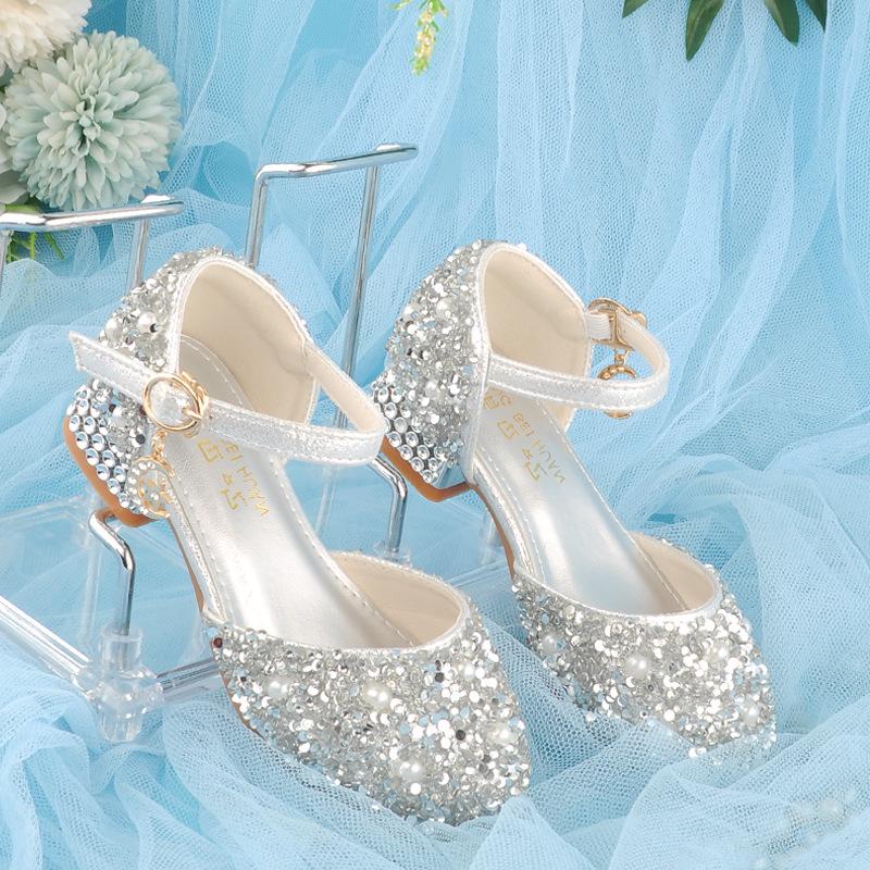 New Arrival: Girls' Crystal Bow High Heels - Shiny Princess Shoes for Piano Performances, Leather Material