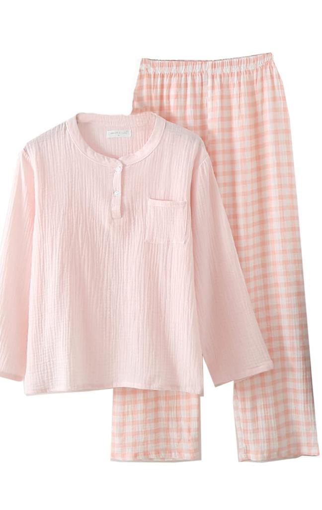 Cotton Double Soft and Long Cute Loungewear for Sensitive Perfect Gift Salmon Women's Spring/Summer Pajamas, 100% Gauze, Comfortable, Sleeves, Skin,