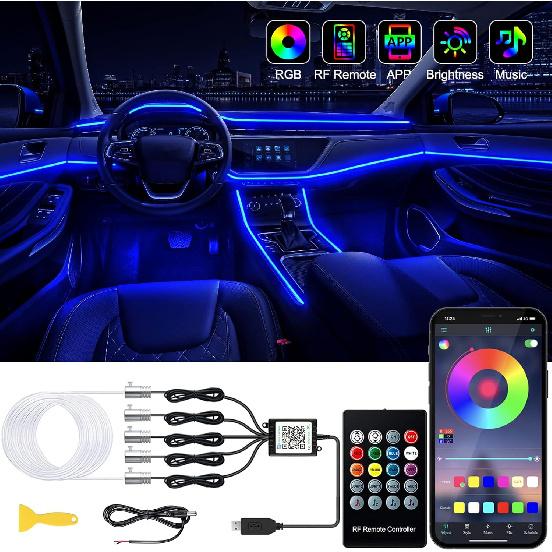 

Interior Car LED Strip Lights with Wireless APP and Remote Control, RGB 5 in 1 Ambient Lighting Kits with 236 inches Fiber Optic, 16 Million Colors 5 in 1
