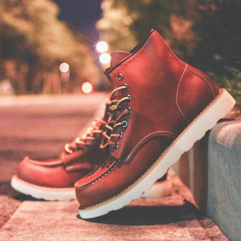 Fashion Genuine Leather Men's Boots Vintage Tooling Boots Women Lovers' Short Boots Woman  Rhubarb Boots Men's Shoes