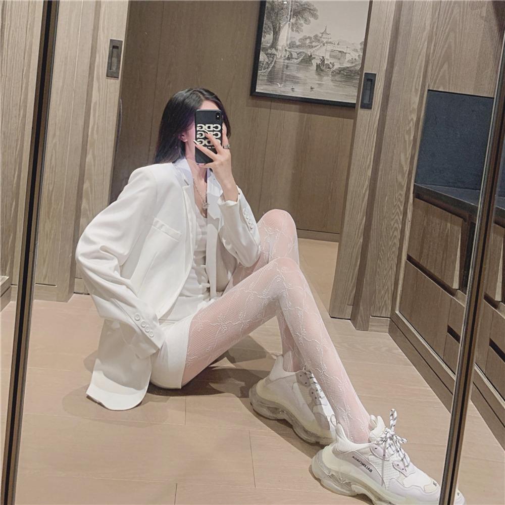 Spring and Summer Thin White Stockings Pantyhose Female Sexy Jacquard Black Stockings Bow Hollow Fishnet Socks