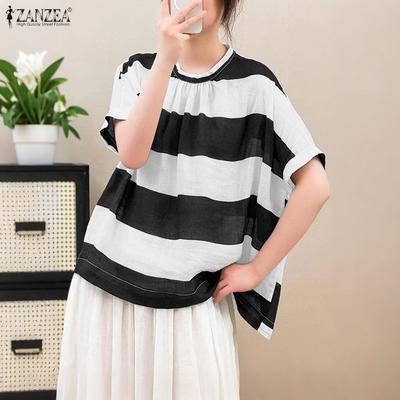 Women Round Neck Casual Short Sleeve Stripe Blouse