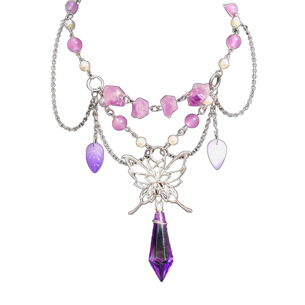 Handmade Natural Crystal Angel Necklace Butterfly Wing Pendant Necklaces Multi-Layer Tassels Choker Clavicle Chain Gift