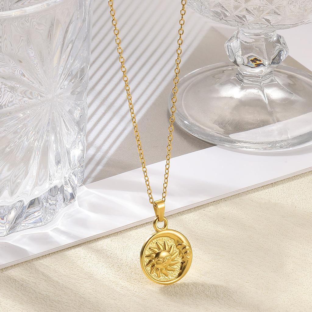 2025 Sun Moon Coin Pendant Necklace For Women Cute Fashion Gold Color Stainless Steel Round Necklace Sweet Jewelry Her Gifts