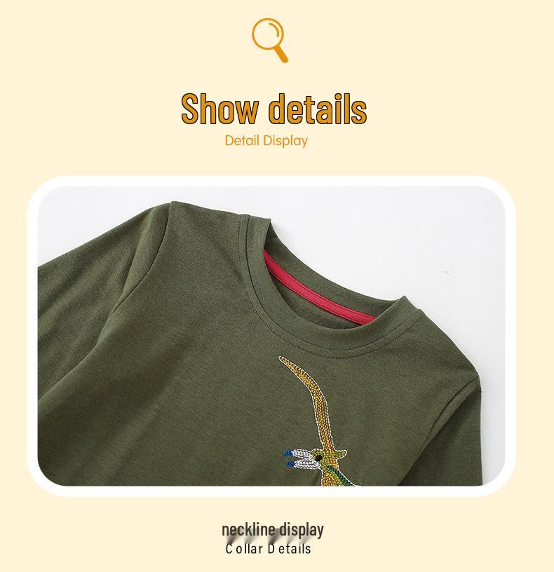 Boys' Dino Embroidery Long-Sleeve Green T-shirt, Casual Autumn/Winter Base Layer, Small/Medium