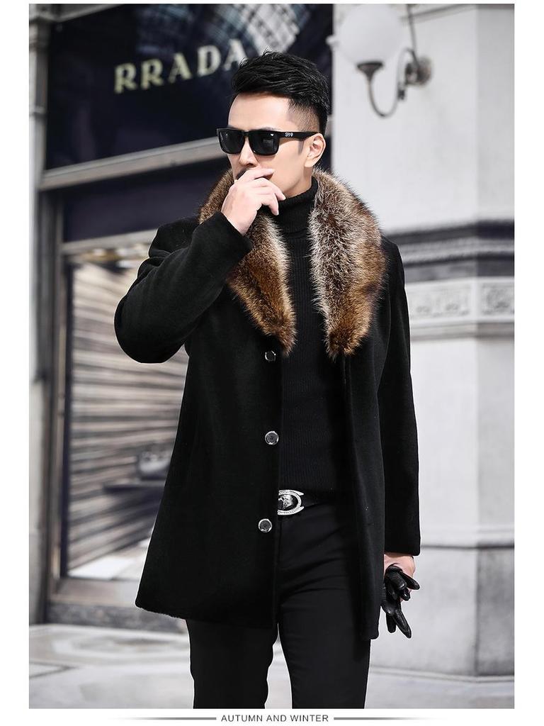 Men's Wool Trench Coat with Fur Collar - Single-Breasted, Thickened, Mid-Length Woolen Outerwear.