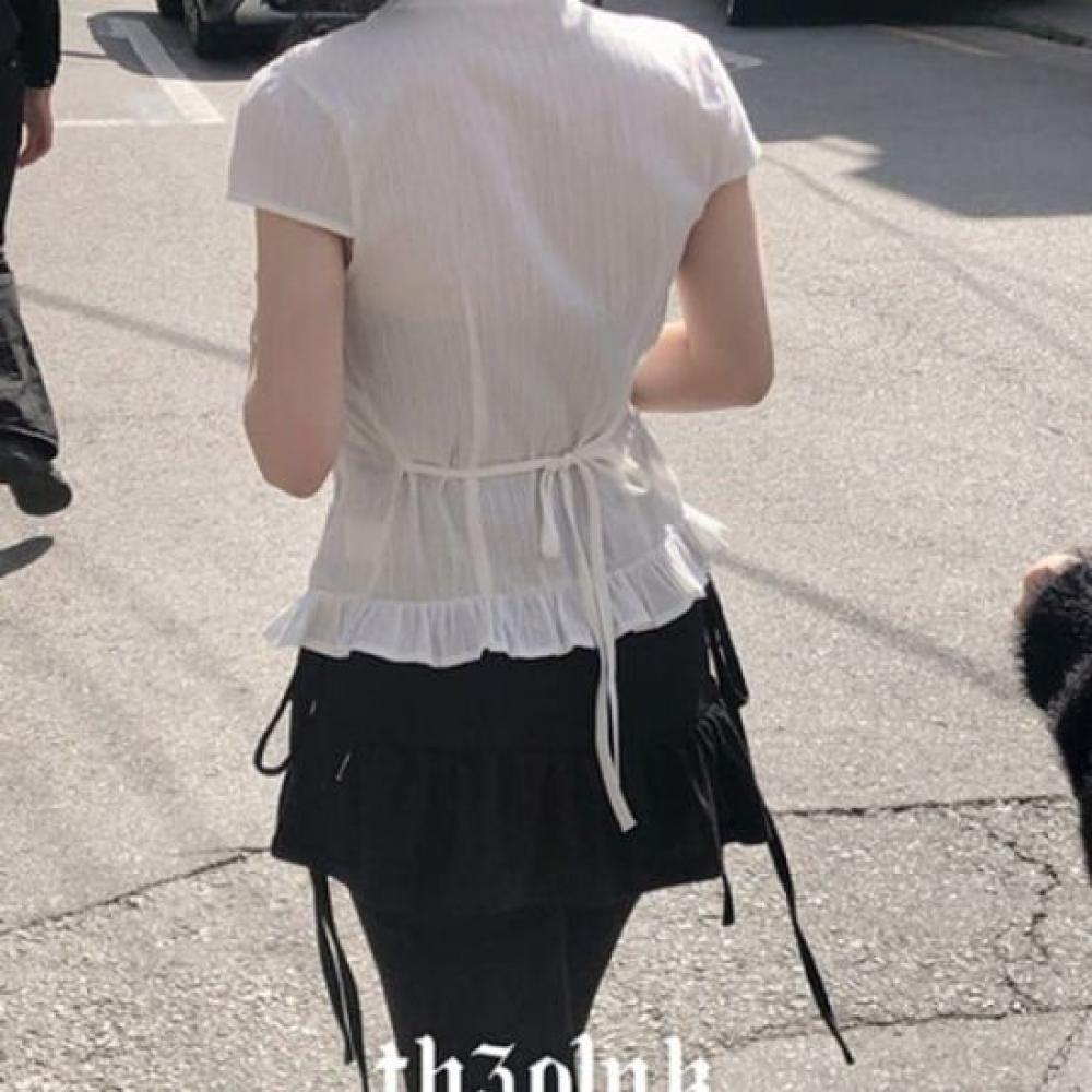 The Pink Women Slim Fit Lace Ribbon Strap Frill Short Sleeve Blouse