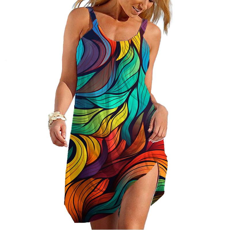 Sommer Neues 3D-gedrucktes Kleid Hawaiianisches Sexy Kleid Trägerärmel Traf Sommerkleid Lässig Camo Tanktop Damenkleid