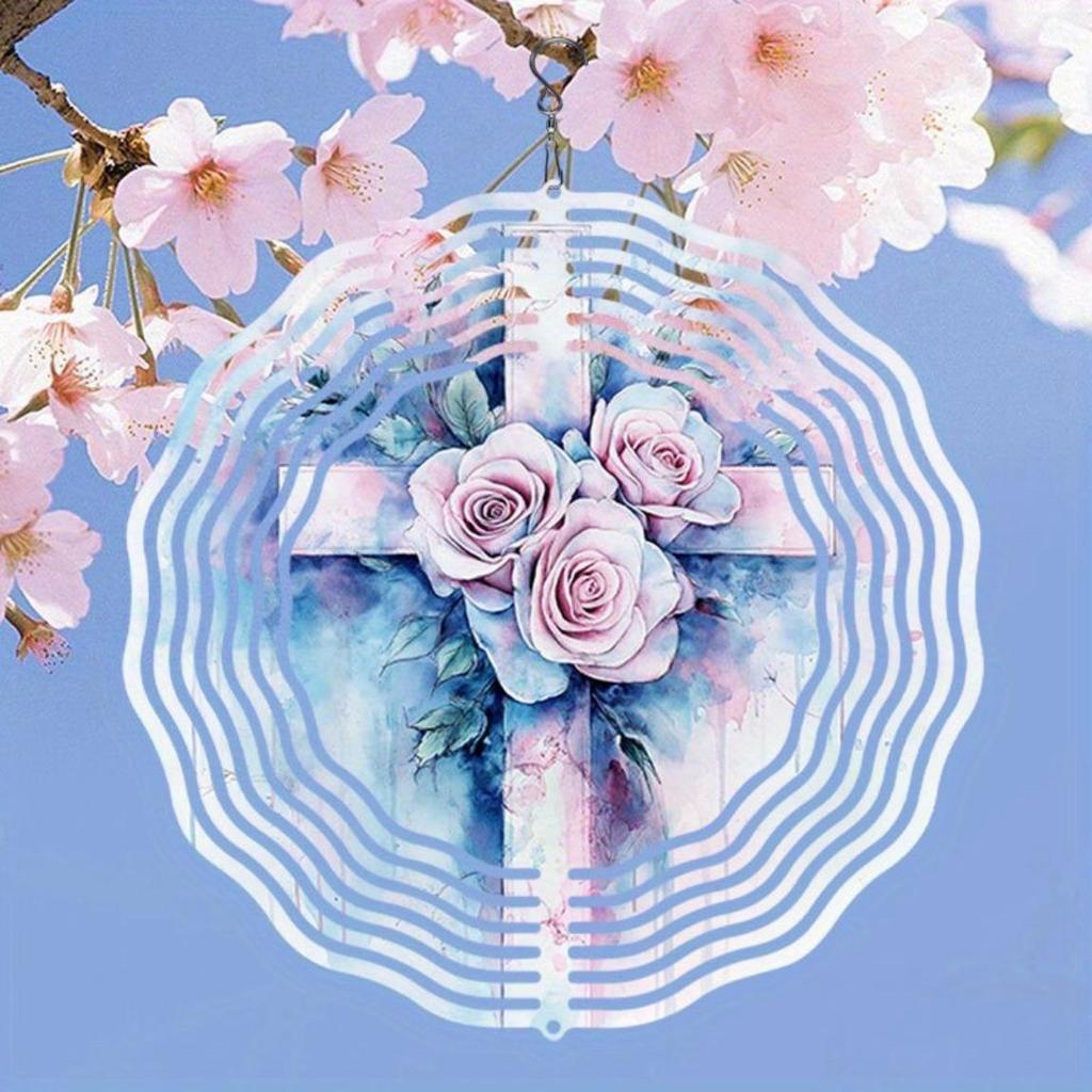 Metal Wind Spinner with 3D Rose Floral Cross Design Rotating Outdoor Garden Decor for Yard Patio Balcony