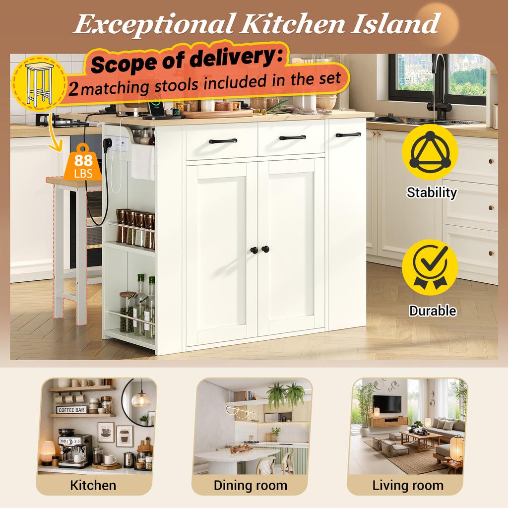 Isola Cucina Estendibile con Zona Pranzo, Mensole Regolabili e Cassetti, con Prese Elettriche e Due Sedie, Ideale per Cucina e Sala da Pranzo (bianca)