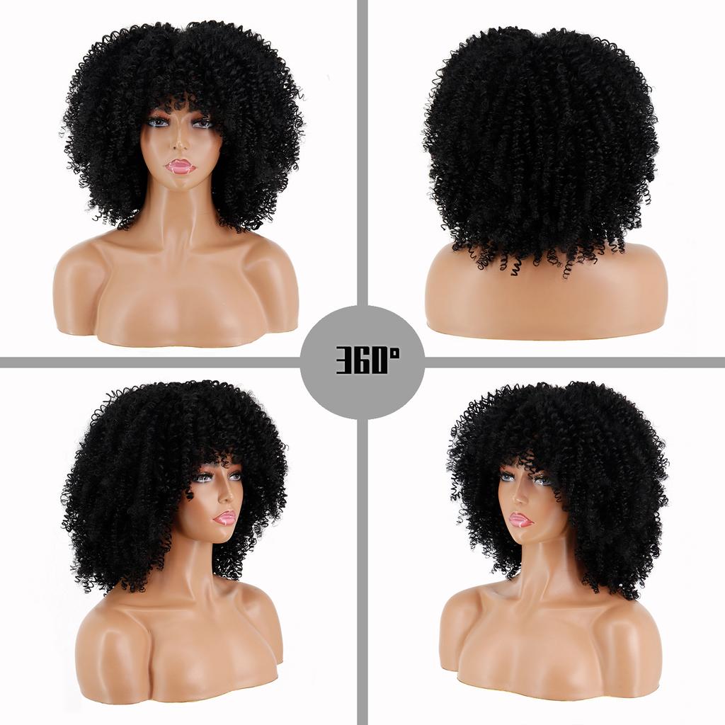 MISS WIG African Descent Lady Short Curly Hair Wig with Bangs African Synthetic High Temperature Fiber Wig Black Cosplay Party Daily Wig