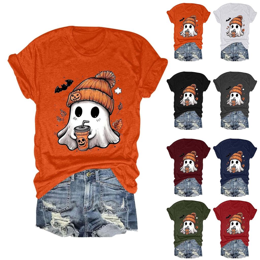 Women's fashionable casual short-sleeved Halloween printed round-neck top
