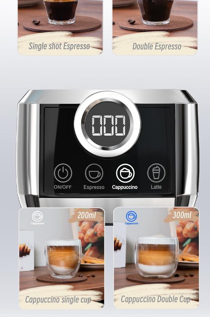 HiBREW H13A 3 v 1 Poloautomatický kávovar, 6 kávových režimů, Extrakční tlak 20 barů, Odnímatelná nádržka na vodu 1,3 l, 51mm rukojeť z hliníkové slitiny