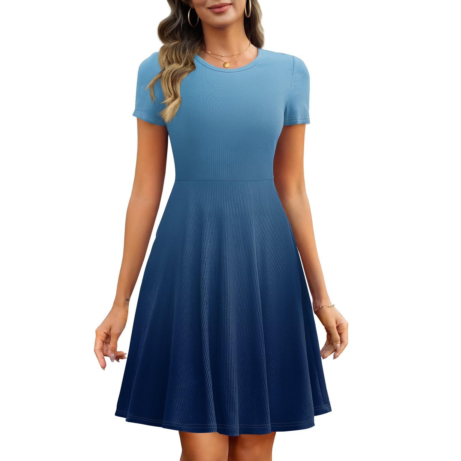 

Женские летние модные базовые платья с коротким рукавом и карманами с градиентным принтом в рубчик S синий