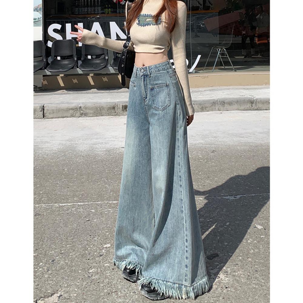 Simple versatile big horn jeans autumn new high waist wide legs loose fringed design mopping pants
