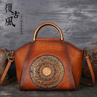 Hot-selling Retro Polished Totem Vegetable Tanned Cowhide Women's Bag Handmade Embossed Handbag Genuine Leather Shoulder Messenger Bag