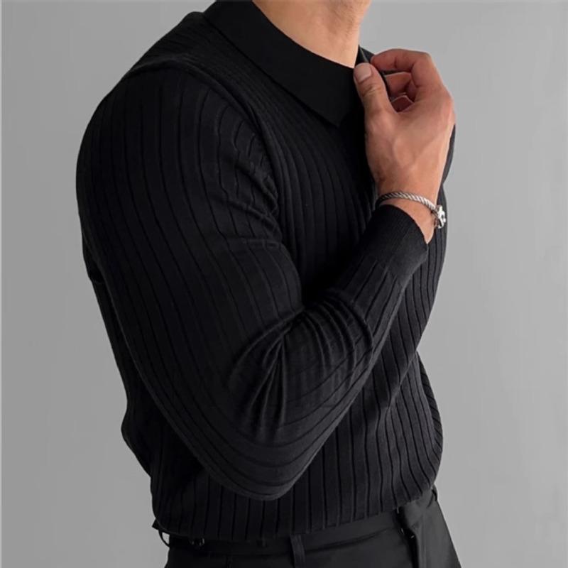 Jaro a podzim Nové pánské jednobarevné žebrované strečové pulovry s klopou Slim pletené tričko