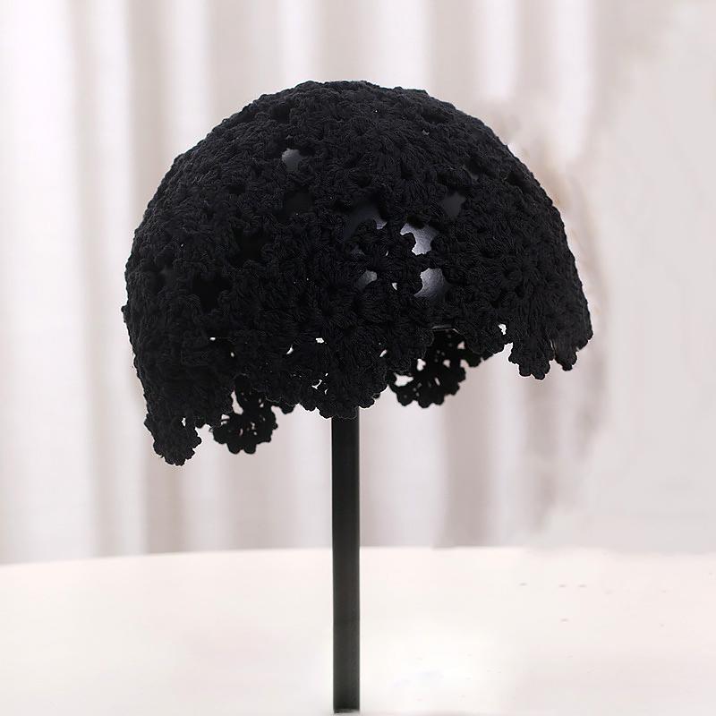 Fashion Flower Embroidery Hollow Crochet Knitted Hat French Retro Beanie Accessories
