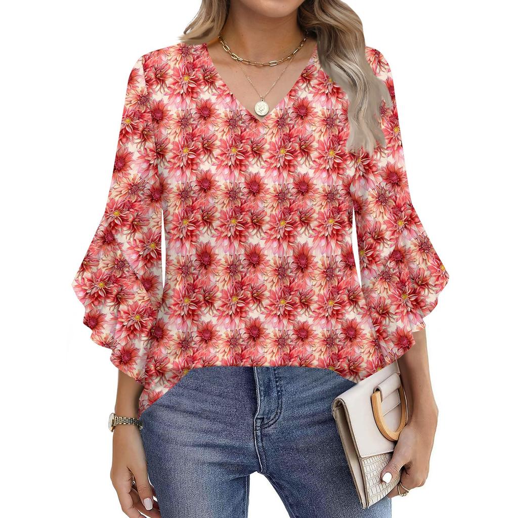 Blouses For Women Dressy Casual 3/4 Length Sleeve Womens Tops V Neck Tshirts Shirts With Flared Sleeve